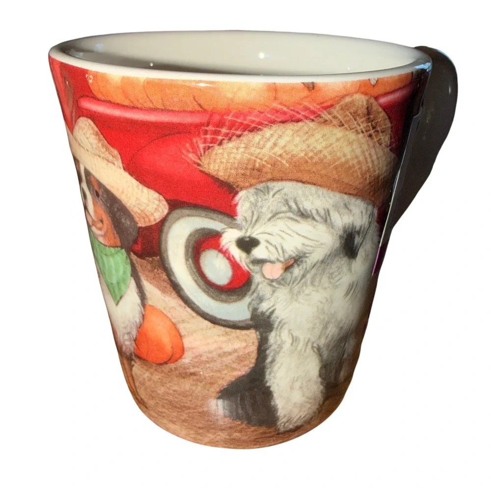 Pier 1 Imports Dog Harvest Mug White Ironstone Pumpkin Patch Red Truck Excellent